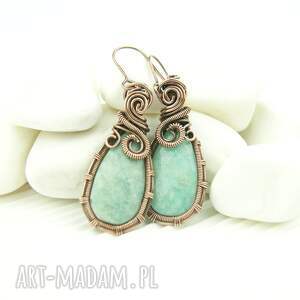 z amazonitem, wire wrapping, amazonit, kolczyki - kamieniami