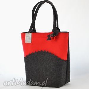 torebka z filcu - koszyczek broszką grafit i czerwony, folk, torba