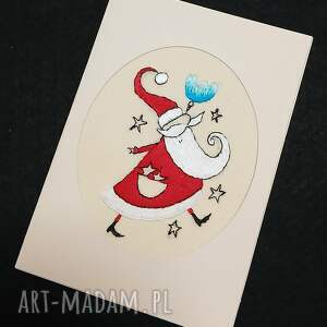 Prezent Ręcznie haftowana kartka z Mikołajem, haft płaski, niebanalnie