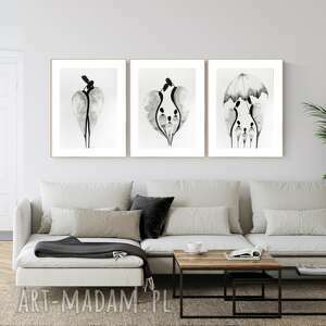 plakaty zestaw 3 obrazów 50x70 cm wykonanych ręcznie, grafika czarno-biała, abstrakcja