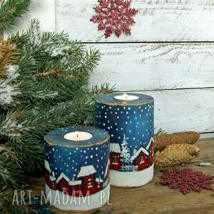 ręcznie zrobione na święta prezenty drewniane świeczniki z malowanym pejzażem - zima