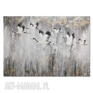 żurawie 25 ptaki obraz do salonu malowany na płótnie, obrazy z ptakami