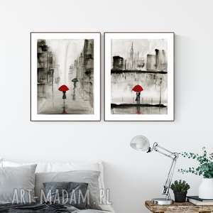 zestaw 2 grafik 30x40 cm wykonanych ręcznie, deszczowa ulica, parasol obrazy