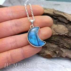 Błękitny rogalik, księżyc, labradoryt, naszyjnik, wisior, srebrny