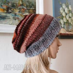 handmade czapki ręcznie na drutach - jesienne kasztany miła, ciepła