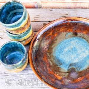 Prezent Duży talerz ceramiczny z 3 czarkami, rustykalna patera