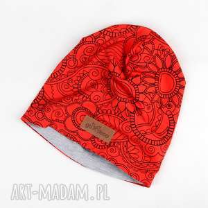 czerwona czapka w mandale beanie unisex, indie, bawełna