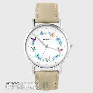zegarki zegarek yenoo - kolorowy wianek beżowy, skórzany, pasek, kwiaty