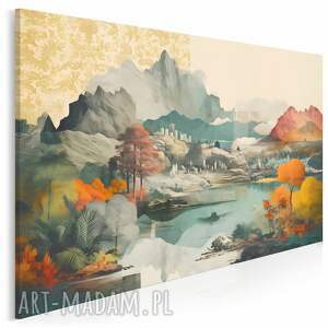Górski krajobraz z jeziorem i jesiennymi drzewami - obraz 70x50 cm do salonu