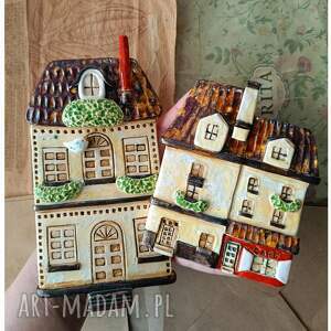 Zestaw beżowo brązowych kamienic w starym stylu, ceramika, kamienica