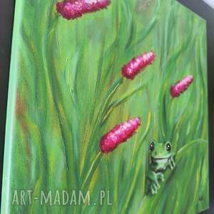 kwietna łąka obraz olej żaba kwiaty 40x40 natura zieleń róż trawa