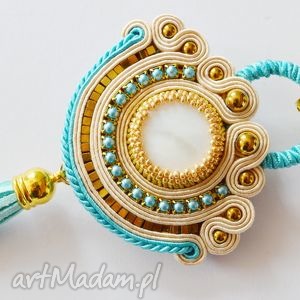 turquoise - wisior soutache, sutasz, hematyt, perły