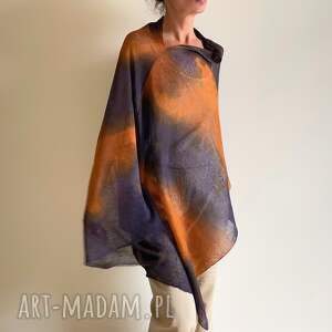 Narzutka lniana fiolet i pomarańcz - poncho one size Anna Damzyn, handmade