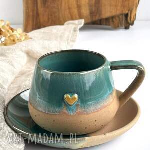 filiżanka ze spodkiem ręcznie robiona 250 ml - rajska plaża z sercem ceramika