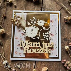 z suszonymi kwiatami miś, kartka, roczek