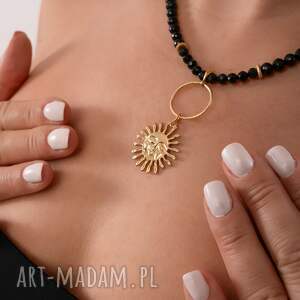 Naszyjnik z czarnym turmalinem AZTECKIE SŁOŃCE, Srebro 925 w złotym