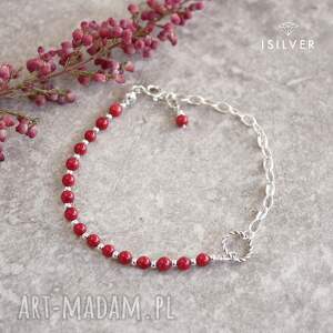 asymetryczna bransoletka z czerwonym koralem mini w srebrze biżuteria