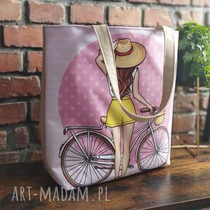 torba shopper na lato dziewczyna z rowerem idealna plażę, torebka plażowa