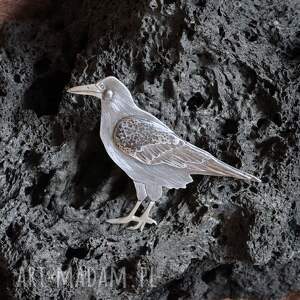 srebrna broszka - gawron, ptak, retro, natura, tajemniczy