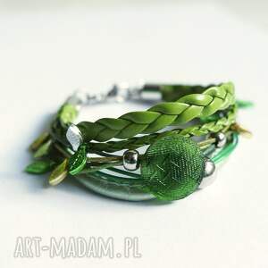 bransoletka - zielony guzik rzemienie, listki liście dla niej prezent
