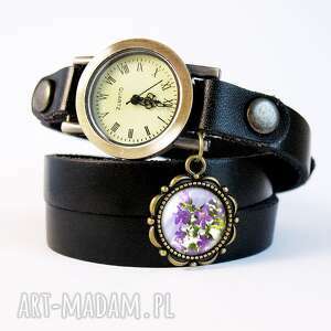 ręcznie wykonane bransoletka, zegarek - fioletowy kwiat - czarny, skórzany