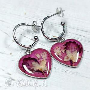 kolczyki serca żywica suszone kwiaty love, wiszące, walentynki