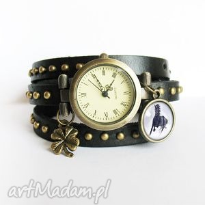 handmade zegarki bransoletka, zegarek - czarny koń - czarny, nity, skórzany