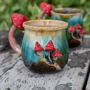 Turkusowy kubek ceramiczny z muchomorkiem 450 ml