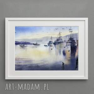 akwarela port, morze pejzaż statki