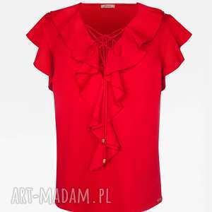 bien fashion czerwona koszulka damska z sznurowanym dekoltem i falbankami