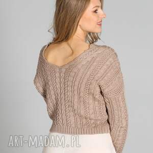krótki sweter w warkoczowe wzory - swe260 mocca mkm z długim rękawem
