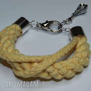 żółta bransoletka ze sznurków bawełnianych, prezent, dsign muszla, sznurek