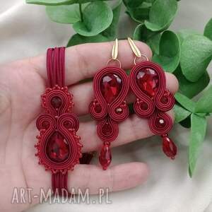 bordowy komplet biżuterii soutache, ciemnoczerwona kryształowa biżuteria