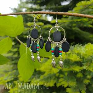 kolczyki koraliki czarne oliwki koral, kolorowa bizuteria unikat