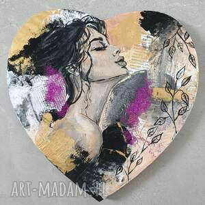 Obraz mixed media serce - kobieta, złoto i fiolet
