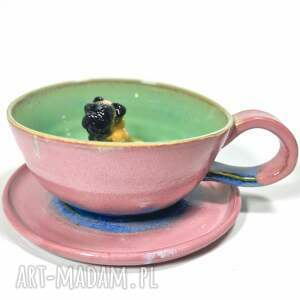 handmade ceramika rezerwacja filiżanka z mopsem - turkus - róż - niebieski - rękodzieło