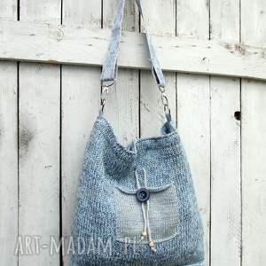 pojemna torba na ramię, błękitno - szara ręcznie robiona torebka, duża torebka