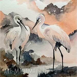 spotkanie w ciszy jeziora, 24x32 cm żuraw, pejzaż żurawie, zwierzęta, ptaki