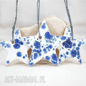 handmade pomysł na upominek 3 ceramiczne gwiazdki choinkowe - śnieg