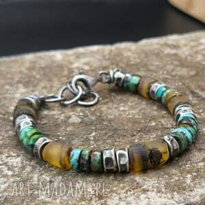 bursztyny, turkusy - męska bransoleta, bransoleta z turkusami