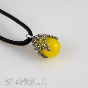 żółty w siateczce - wisiorek xs, prosty naszyjnik, metalowa siateczka, szklany