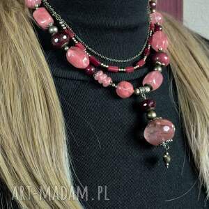 kwarc różowy, wiśniowy i turmalin naszyjnik unikatowy handmade prezent lux
