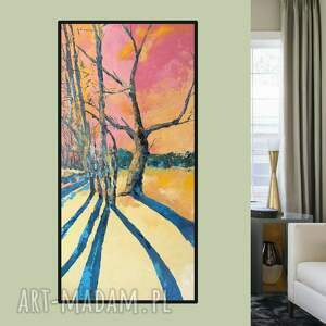 Obraz olejny „Ruchome cienie” 140x70 cm - drzewa, faktura i gotowy do zawieszenia (bez ram)