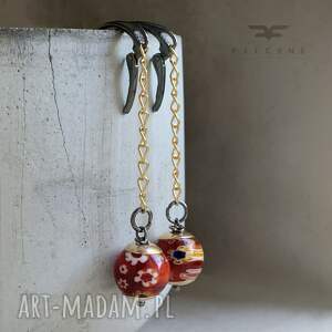 Czerwone kolczyki millefiori na łańcuszku - handmade