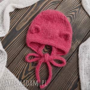 bonetka niemowlęca miś, baby alpaka merino, różowa, czapka dla maluszka