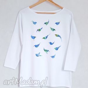 ptaki bluzka bawełniana oversize s/m biała, koszulka nadruk