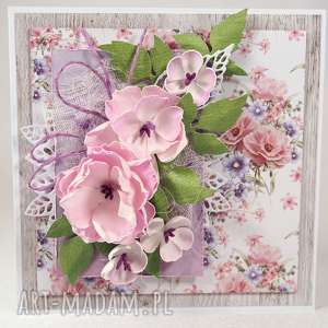 w odcieniach różu i fioletu, kartka, życzenia, scrapbooking