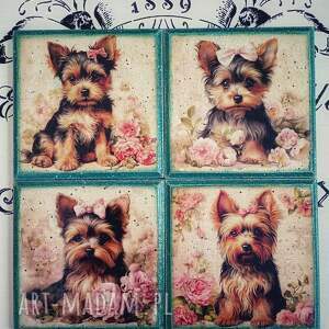 Ozdobne podkładki z pieskami Yorkshire Terrier decoupage, vintage