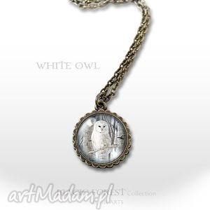 medalion, naszyjnik - biała sowa mały antyczny brąz