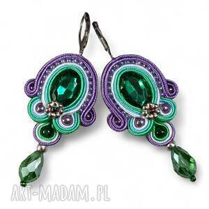 kolczyki sutasz fiolet zieleń i odrobiną bieli z kryształkami